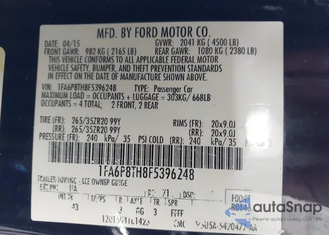 2015 Ford Mustang Ecoboost z USA, uszkodzony, nr VIN 1FA6P8TH8F5396248